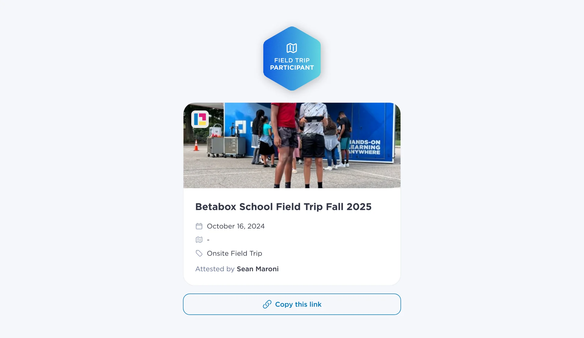 A CareerStack™ Field Trip Participant badge on its public, shareable page